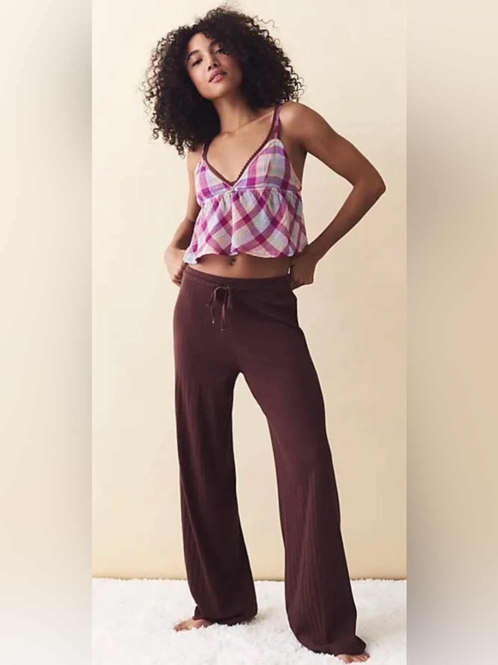 Free People Intimately S End Game Pointelle Slim Flare Lounge Pants in Brunette